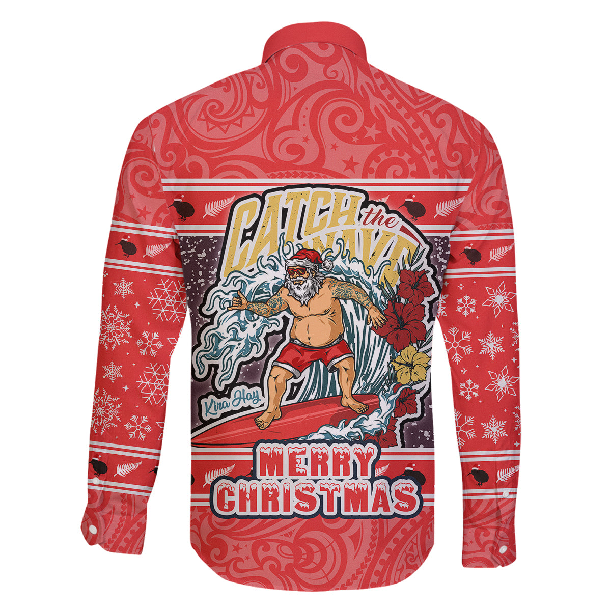new-zealand-christmas-family-matching-tank-maxi-dress-and-hawaiian-shirt-santa-catch-the-wave-maori-pattern-retro-style