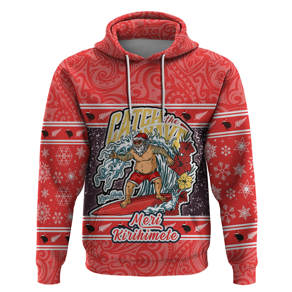 New Zealand Christmas Hoodie Santa Catch The Wave Maori Pattern Retro Style LT03 Red - Polynesian Pride