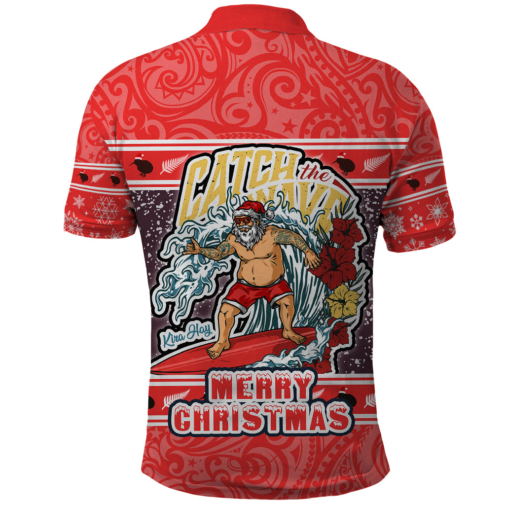 New Zealand Christmas Polo Shirt Santa Catch The Wave Maori Pattern Retro Style LT03 - Polynesian Pride