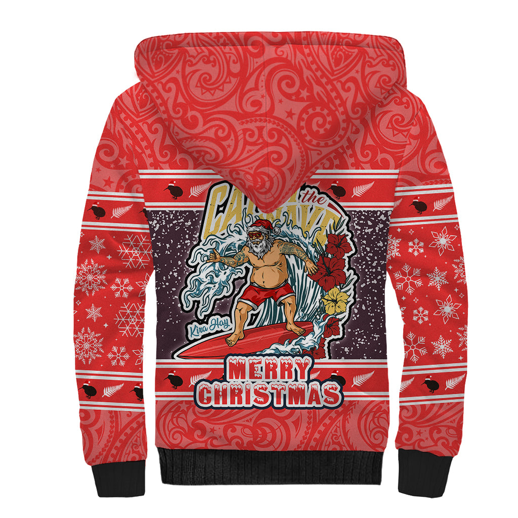 New Zealand Christmas Sherpa Hoodie Santa Catch The Wave Maori Pattern Retro Style LT03 - Polynesian Pride