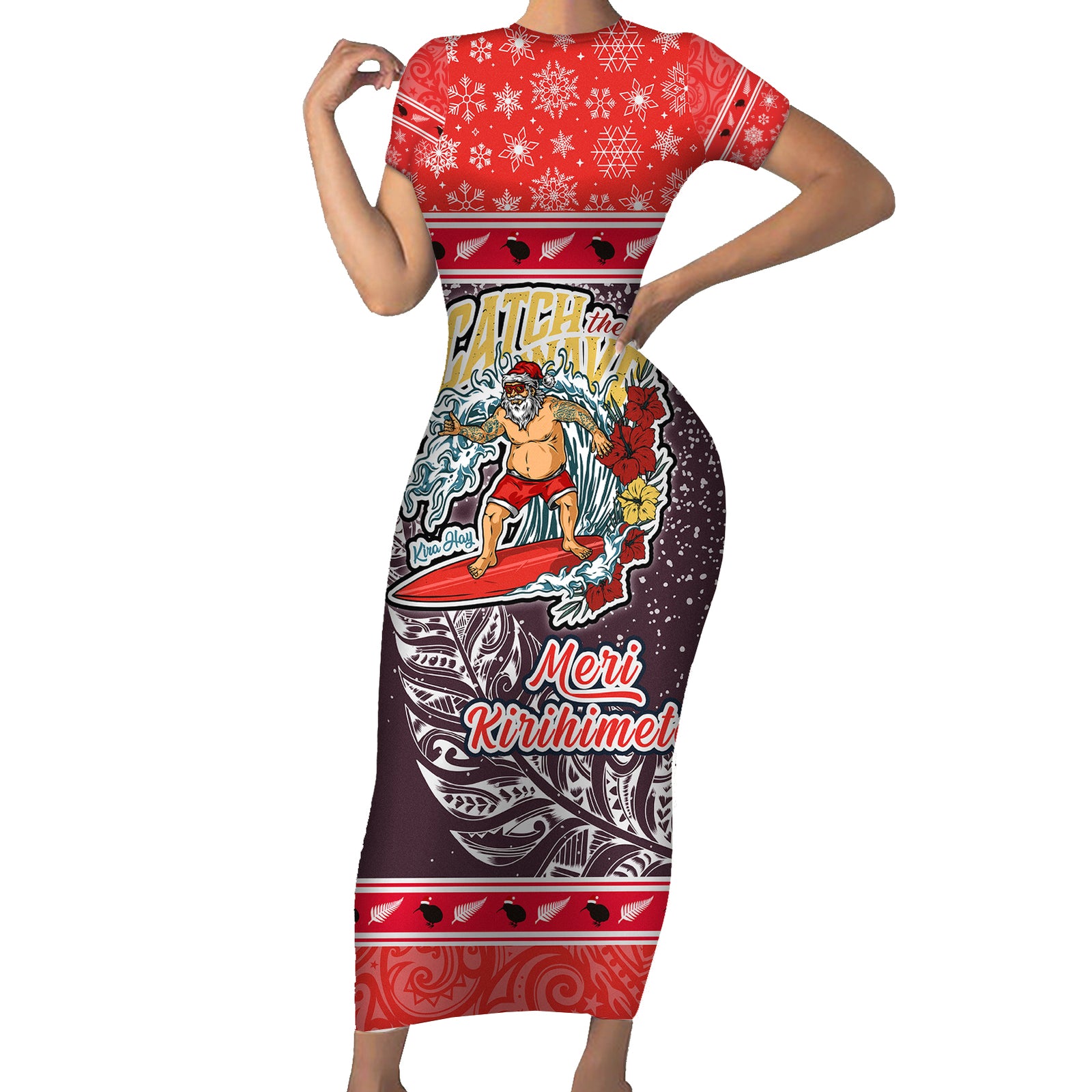 New Zealand Christmas Short Sleeve Bodycon Dress Santa Catch The Wave Maori Pattern Retro Style LT03 Long Dress Red - Polynesian Pride