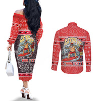 Custom New Zealand Christmas Couples Matching Off The Shoulder Long Sleeve Dress and Long Sleeve Button Shirts Santa Catch The Wave Maori Pattern Retro Style LT03 - Polynesian Pride