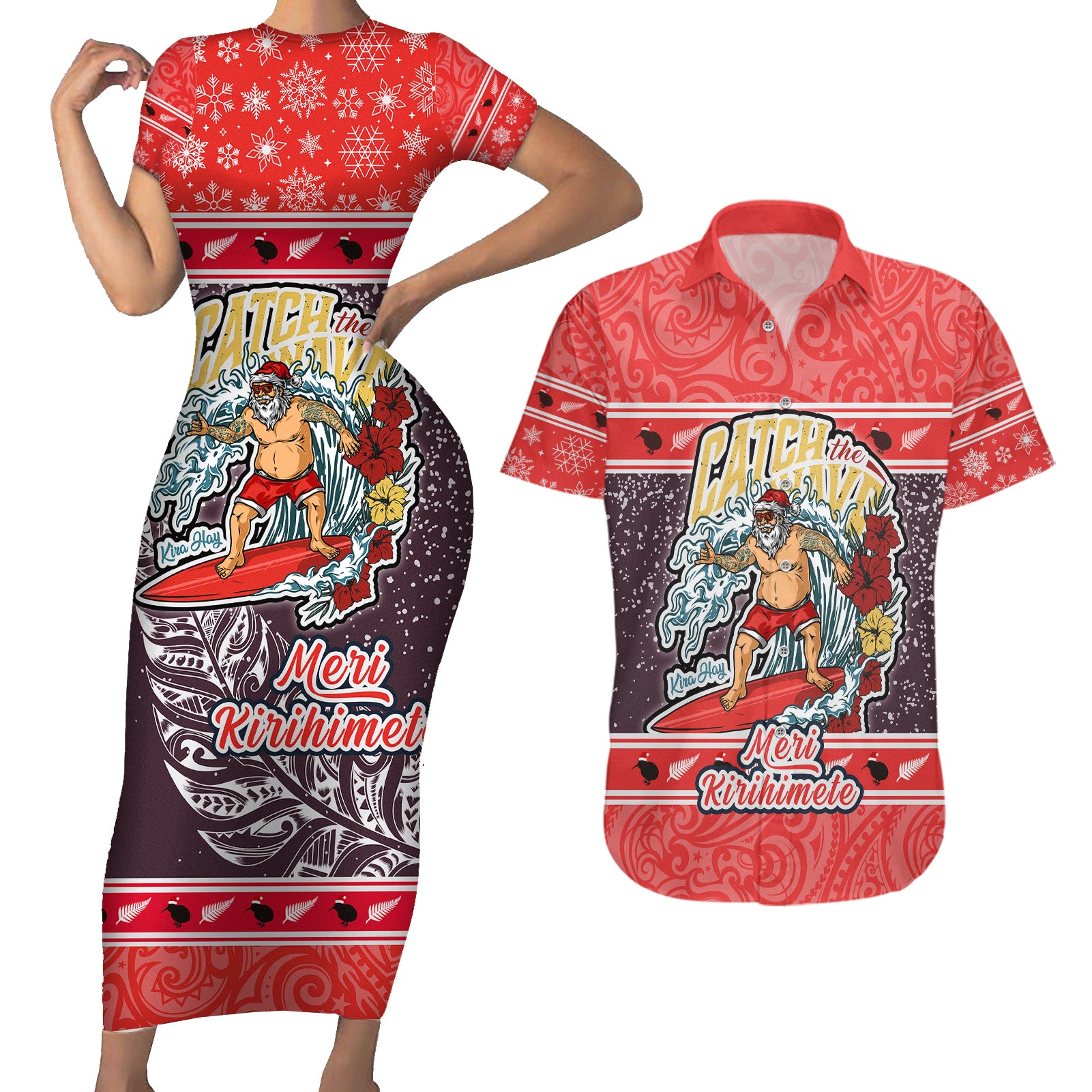 custom-new-zealand-christmas-couples-matching-short-sleeve-bodycon-dress-and-hawaiian-shirt-santa-catch-the-wave-maori-pattern-retro-style