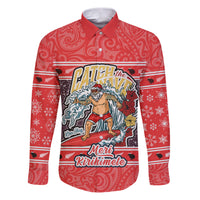 Custom New Zealand Christmas Family Matching Puletasi Dress and Hawaiian Shirt Santa Catch The Wave Maori Pattern Retro Style LT03 Dad's Shirt - Long Sleeve Red - Polynesian Pride