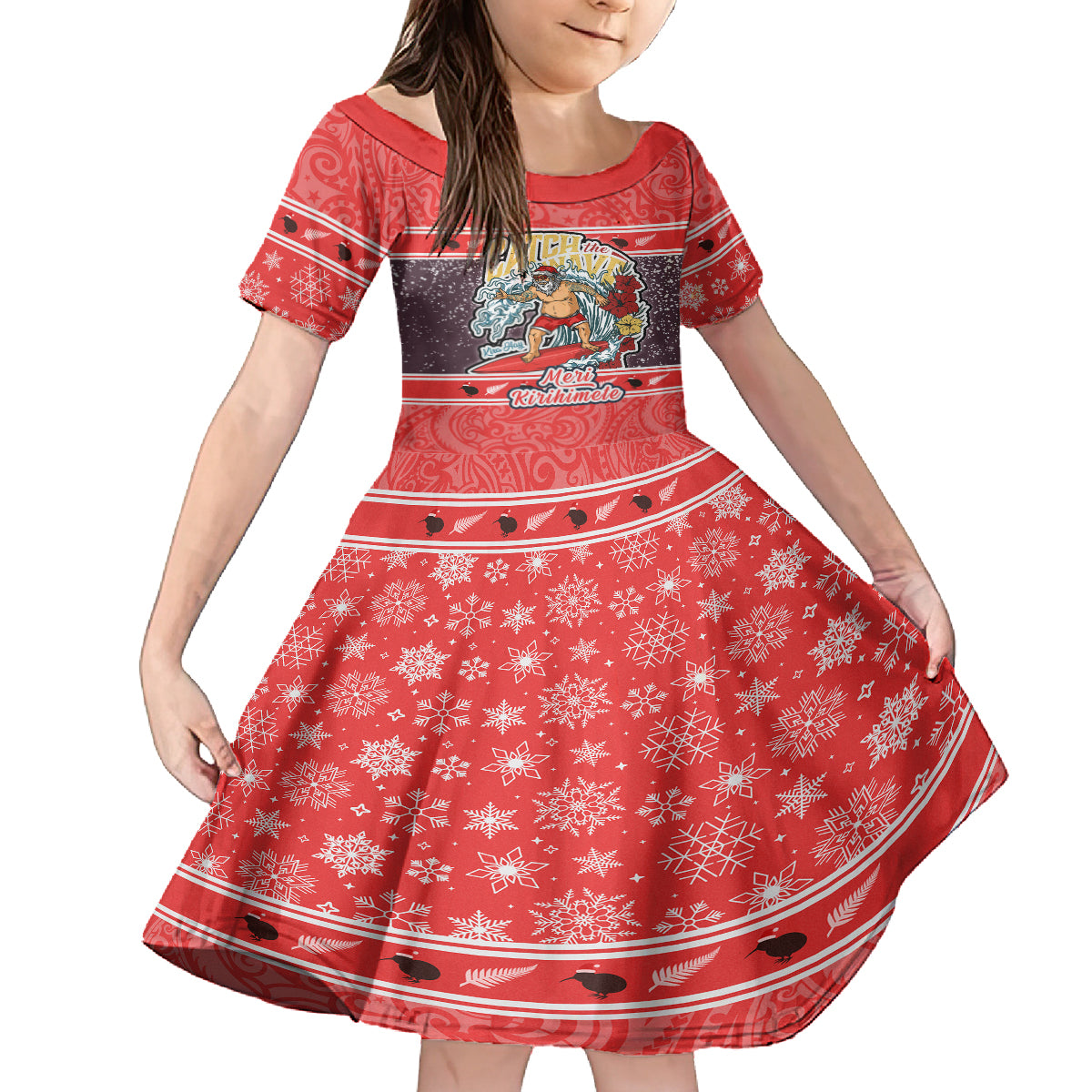 Custom New Zealand Christmas Family Matching Tank Maxi Dress and Hawaiian Shirt Santa Catch The Wave Maori Pattern Retro Style LT03 Daughter's Dress Red - Polynesian Pride