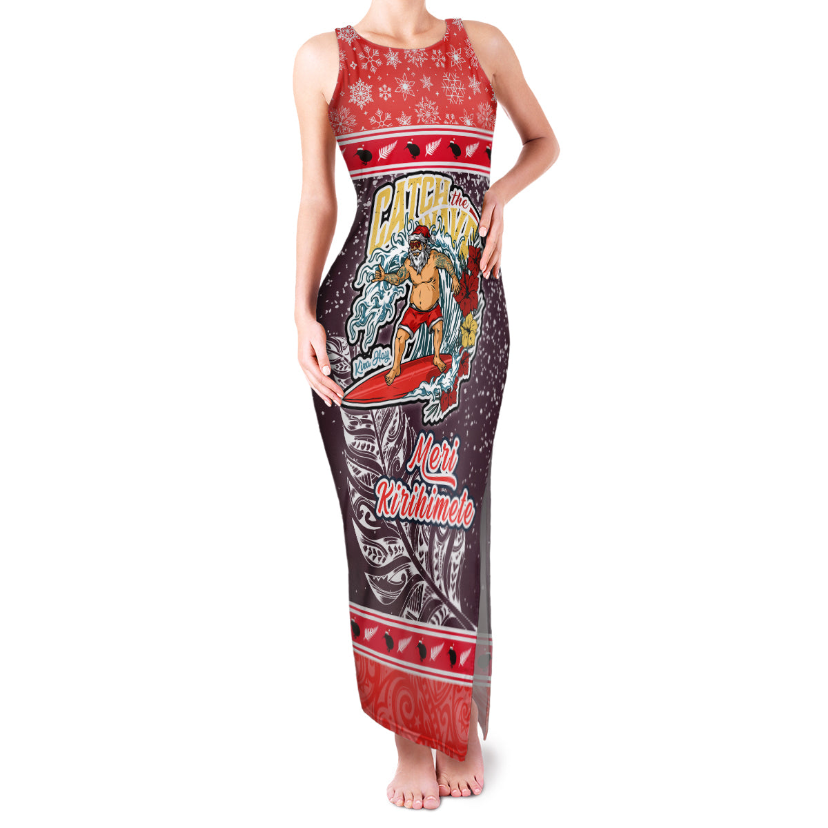 Custom New Zealand Christmas Family Matching Tank Maxi Dress and Hawaiian Shirt Santa Catch The Wave Maori Pattern Retro Style LT03 Mom's Dress Red - Polynesian Pride