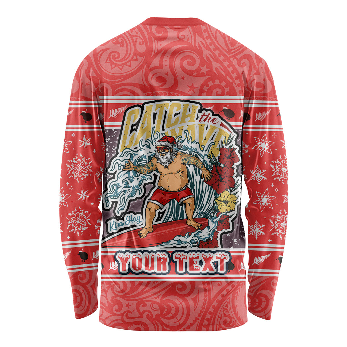 Custom New Zealand Christmas Long Sleeve Shirt Santa Catch The Wave Maori Pattern Retro Style LT03 - Polynesian Pride