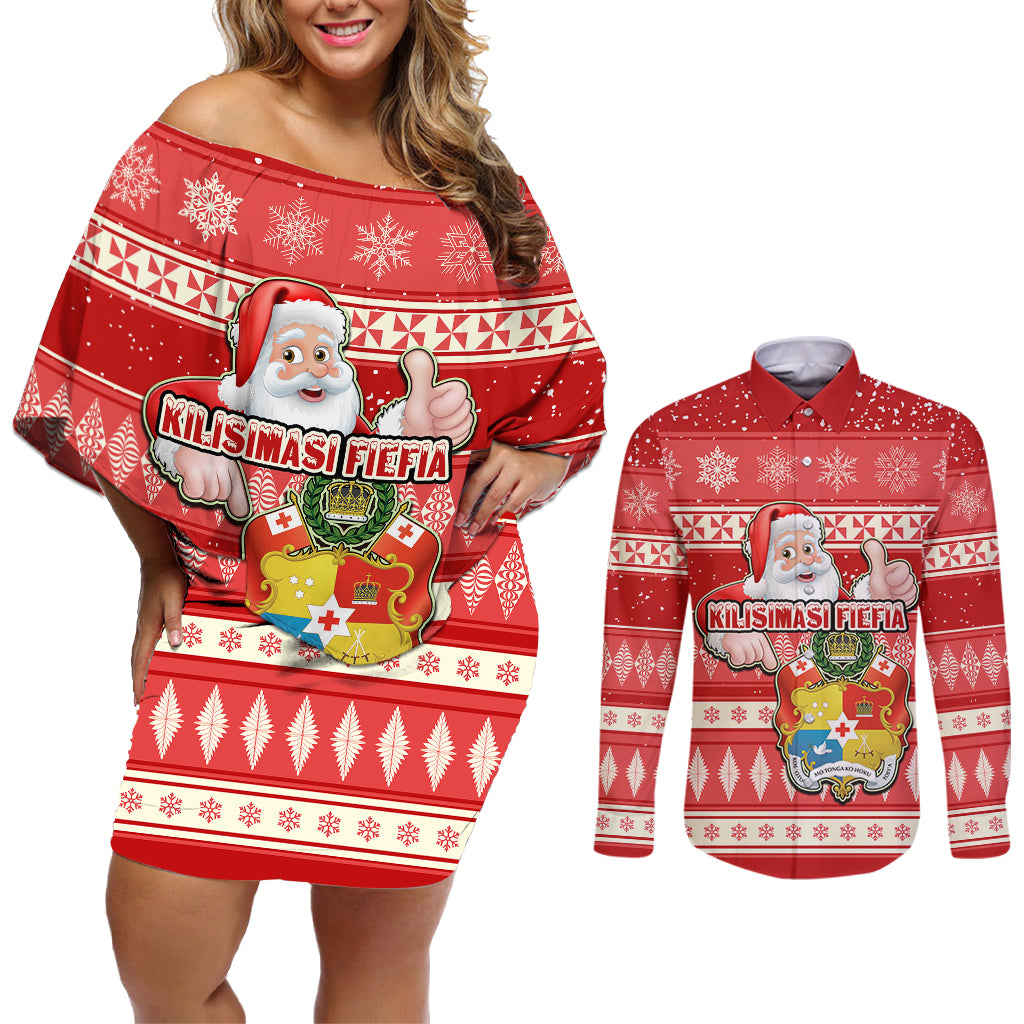 tonga-christmas-couples-matching-off-shoulder-short-dress-and-long-sleeve-button-shirts-the-santa-coat-of-arms-with-ngatu-and-snow-pattern