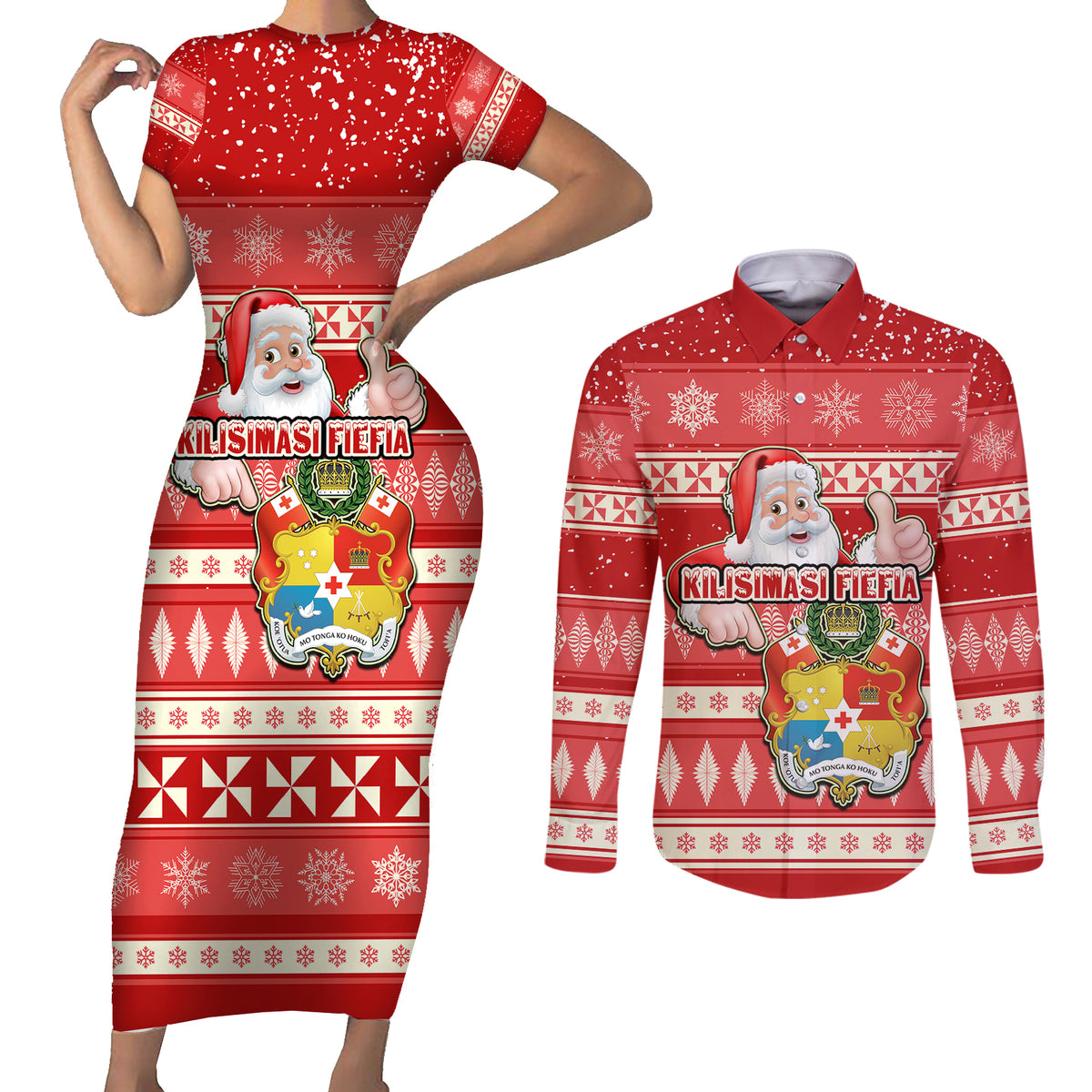 Tonga Christmas Couples Matching Short Sleeve Bodycon Dress and Long Sleeve Button Shirts The Santa Coat of Arms with Ngatu and Snow Pattern LT03 Red - Polynesian Pride