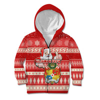 Tonga Christmas Kid Hoodie The Santa Coat of Arms with Ngatu and Snow Pattern LT03 Zip Hoodie Red - Polynesian Pride