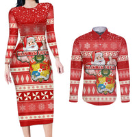 Custom Tonga Christmas Couples Matching Long Sleeve Bodycon Dress and Long Sleeve Button Shirts The Santa Coat of Arms with Ngatu and Snow Pattern LT03 Red - Polynesian Pride