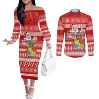 Custom Tonga Christmas Couples Matching Off The Shoulder Long Sleeve Dress and Long Sleeve Button Shirts The Santa Coat of Arms with Ngatu and Snow Pattern LT03 Red - Polynesian Pride
