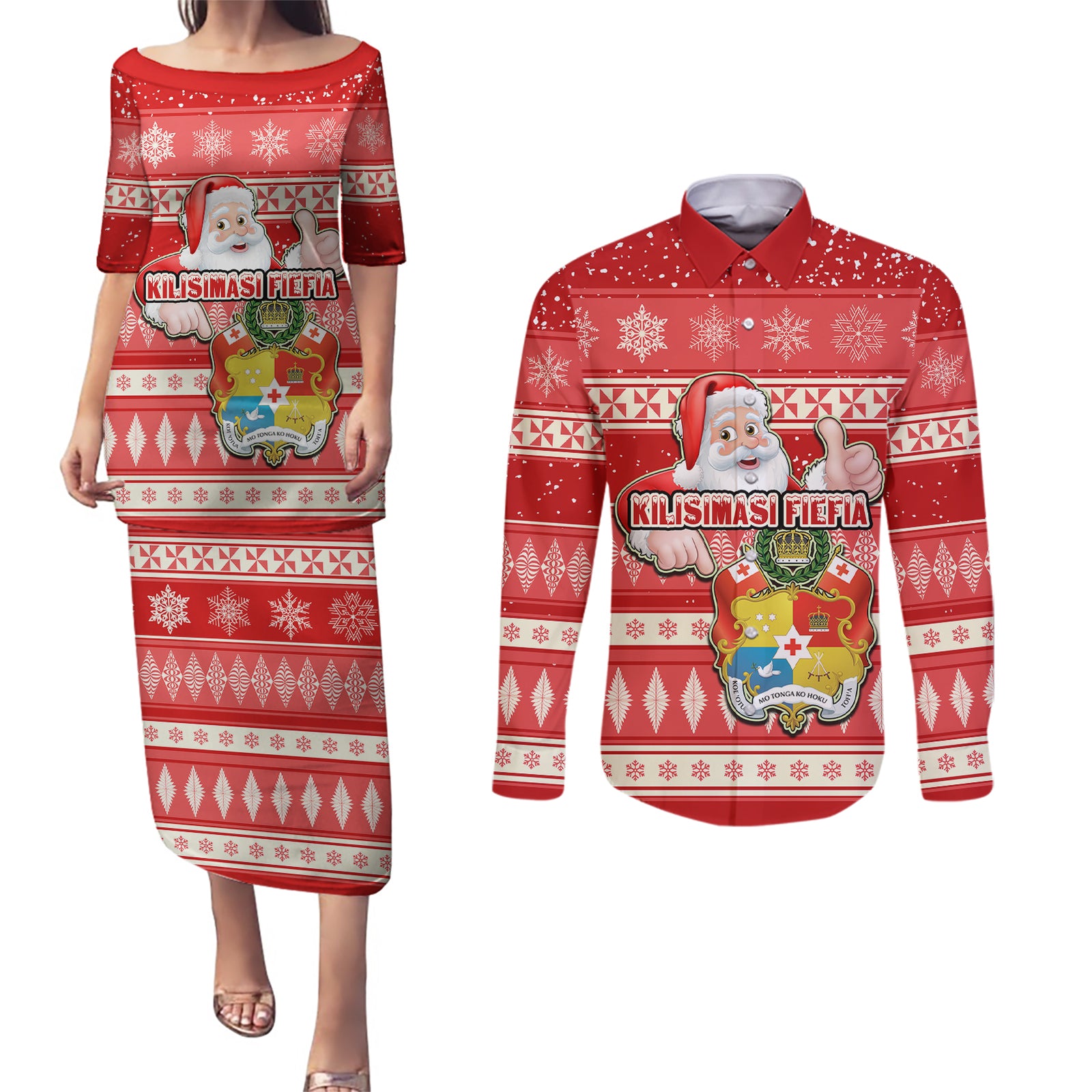 custom-tonga-christmas-couples-matching-puletasi-dress-and-long-sleeve-button-shirts-the-santa-coat-of-arms-with-ngatu-and-snow-pattern