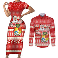 Custom Tonga Christmas Couples Matching Short Sleeve Bodycon Dress and Long Sleeve Button Shirts The Santa Coat of Arms with Ngatu and Snow Pattern LT03 Red - Polynesian Pride