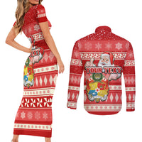 Custom Tonga Christmas Couples Matching Short Sleeve Bodycon Dress and Long Sleeve Button Shirts The Santa Coat of Arms with Ngatu and Snow Pattern LT03 - Polynesian Pride