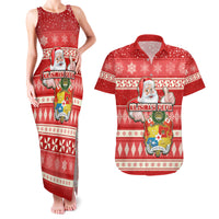 Custom Tonga Christmas Couples Matching Tank Maxi Dress and Hawaiian Shirt The Santa Coat of Arms with Ngatu and Snow Pattern LT03 Red - Polynesian Pride