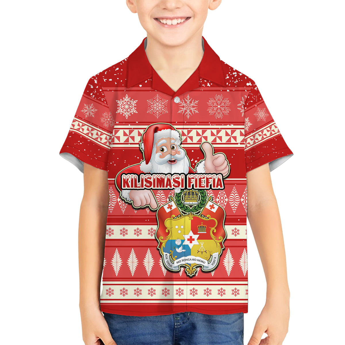 Custom Tonga Christmas Family Matching Off Shoulder Maxi Dress and Hawaiian Shirt The Santa Coat of Arms with Ngatu and Snow Pattern LT03 Son's Shirt Red - Polynesian Pride