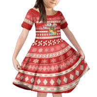 Custom Tonga Christmas Family Matching Short Sleeve Bodycon Dress and Hawaiian Shirt The Santa Coat of Arms with Ngatu and Snow Pattern LT03 Daughter's Dress Red - Polynesian Pride