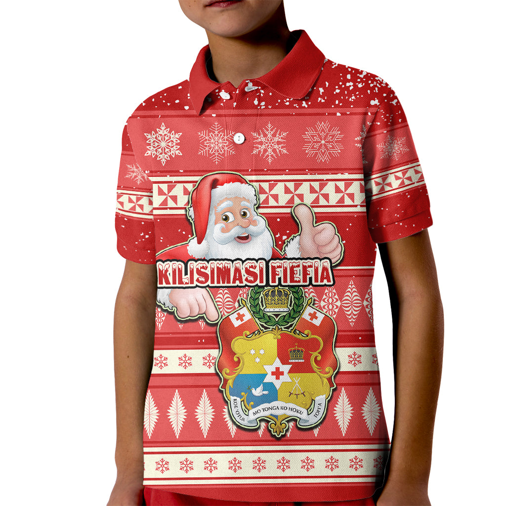 Custom Tonga Christmas Kid Polo Shirt The Santa Coat of Arms with Ngatu and Snow Pattern LT03 Kid Red - Polynesian Pride