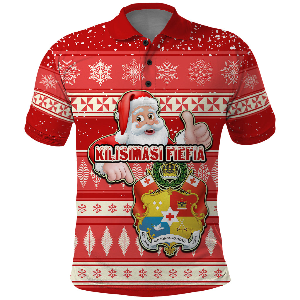 Custom Tonga Christmas Polo Shirt The Santa Coat of Arms with Ngatu and Snow Pattern LT03 Red - Polynesian Pride