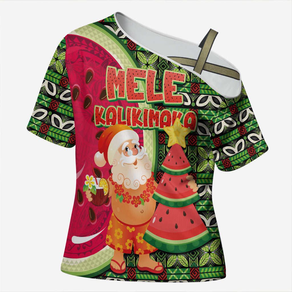 Hawaii Watermelon Mele Kalikimaka Cross Shoulder Shirt Tribal Pacific Pattern with Tropical Funny Santa Claus LT03 Female Multicolor - Polynesian Pride