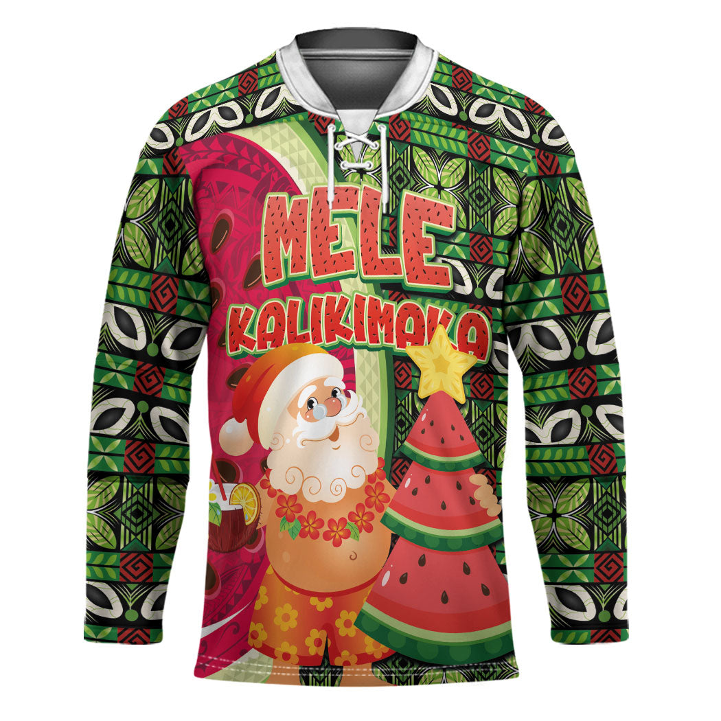 Hawaii Watermelon Mele Kalikimaka Hockey Jersey Tribal Pacific Pattern with Tropical Funny Santa Claus LT03 Unisex Multicolor - Polynesian Pride