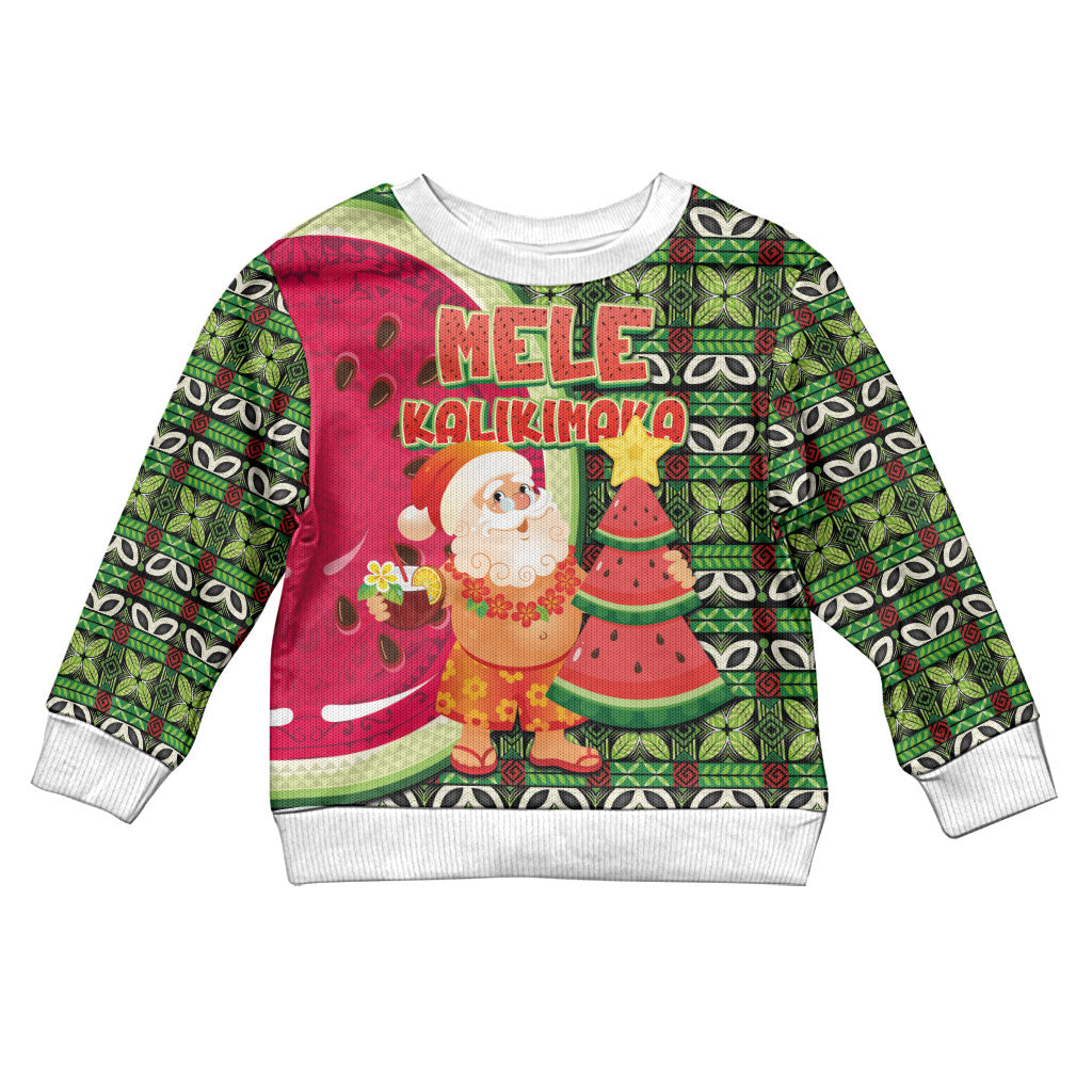 Hawaii Watermelon Mele Kalikimaka Kid Ugly Christmas Sweater Tribal Pacific Pattern with Tropical Funny Santa Claus LT03 Kid Multicolor - Polynesian Pride