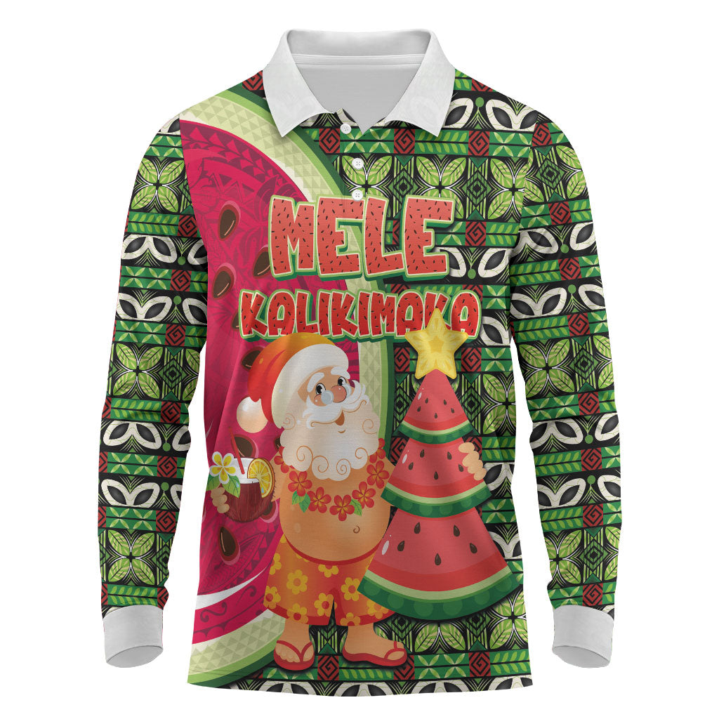 Hawaii Watermelon Mele Kalikimaka Long Sleeve Polo Shirt Tribal Pacific Pattern with Tropical Funny Santa Claus LT03 Multicolor - Polynesian Pride