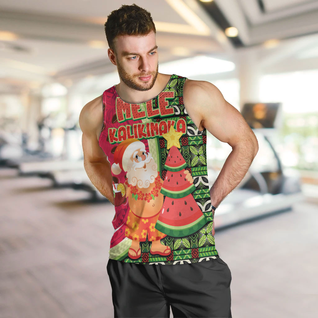 Hawaii Watermelon Mele Kalikimaka Men Tank Top Tribal Pacific Pattern with Tropical Funny Santa Claus LT03 Multicolor - Polynesian Pride