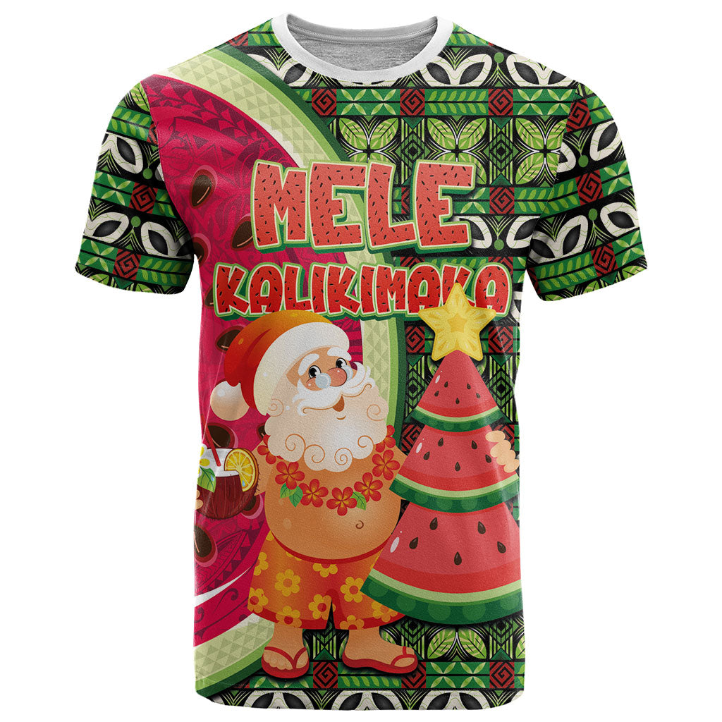 Hawaii Watermelon Mele Kalikimaka T Shirt Tribal Pacific Pattern with Tropical Funny Santa Claus LT03 Multicolor - Polynesian Pride