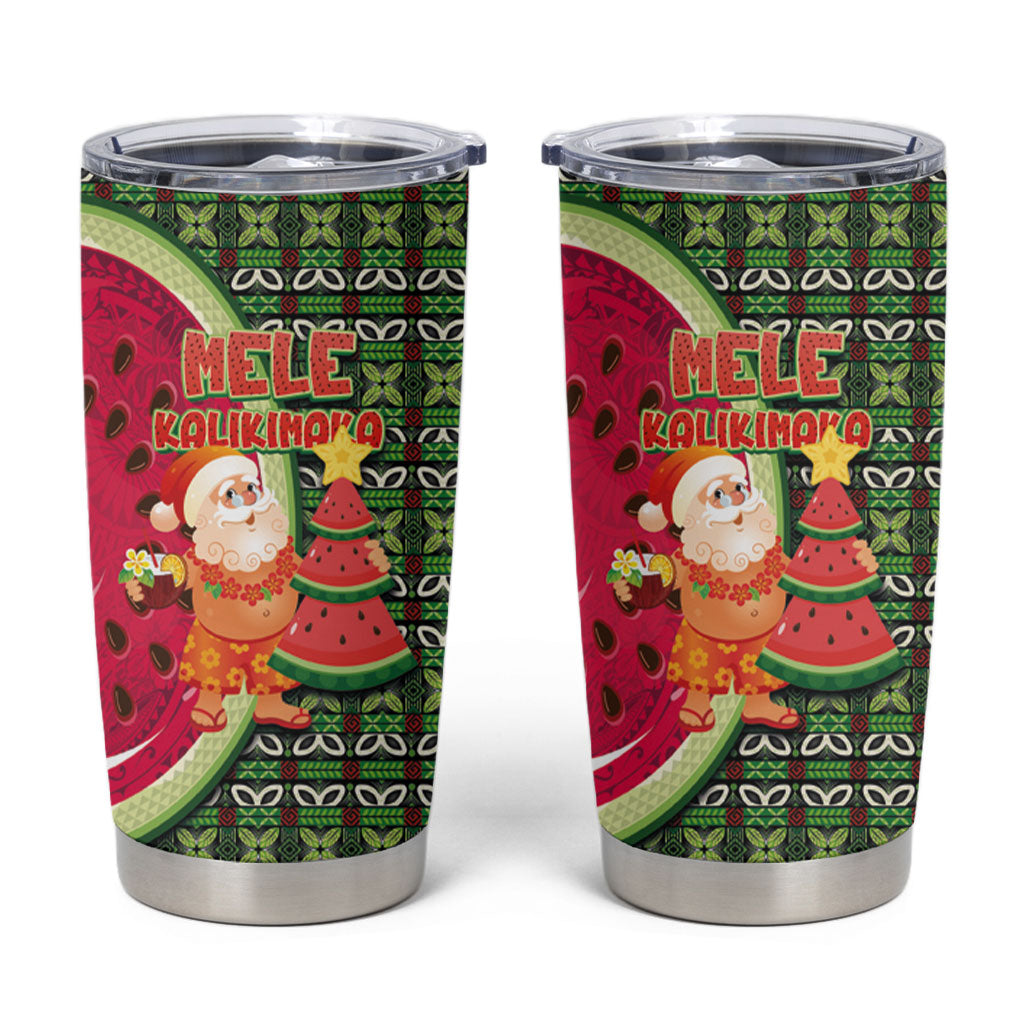Hawaii Watermelon Mele Kalikimaka Tumbler Cup Tribal Pacific Pattern with Tropical Funny Santa Claus LT03 Multicolor - Polynesian Pride