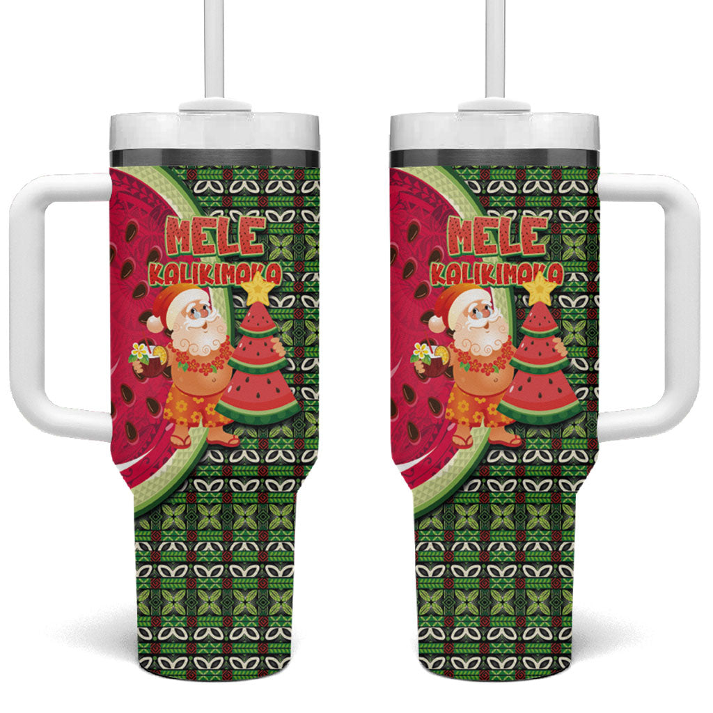 Hawaii Watermelon Mele Kalikimaka Tumbler With Handle Tribal Pacific Pattern with Tropical Funny Santa Claus LT03 One Size: 40 oz Multicolor - Polynesian Pride