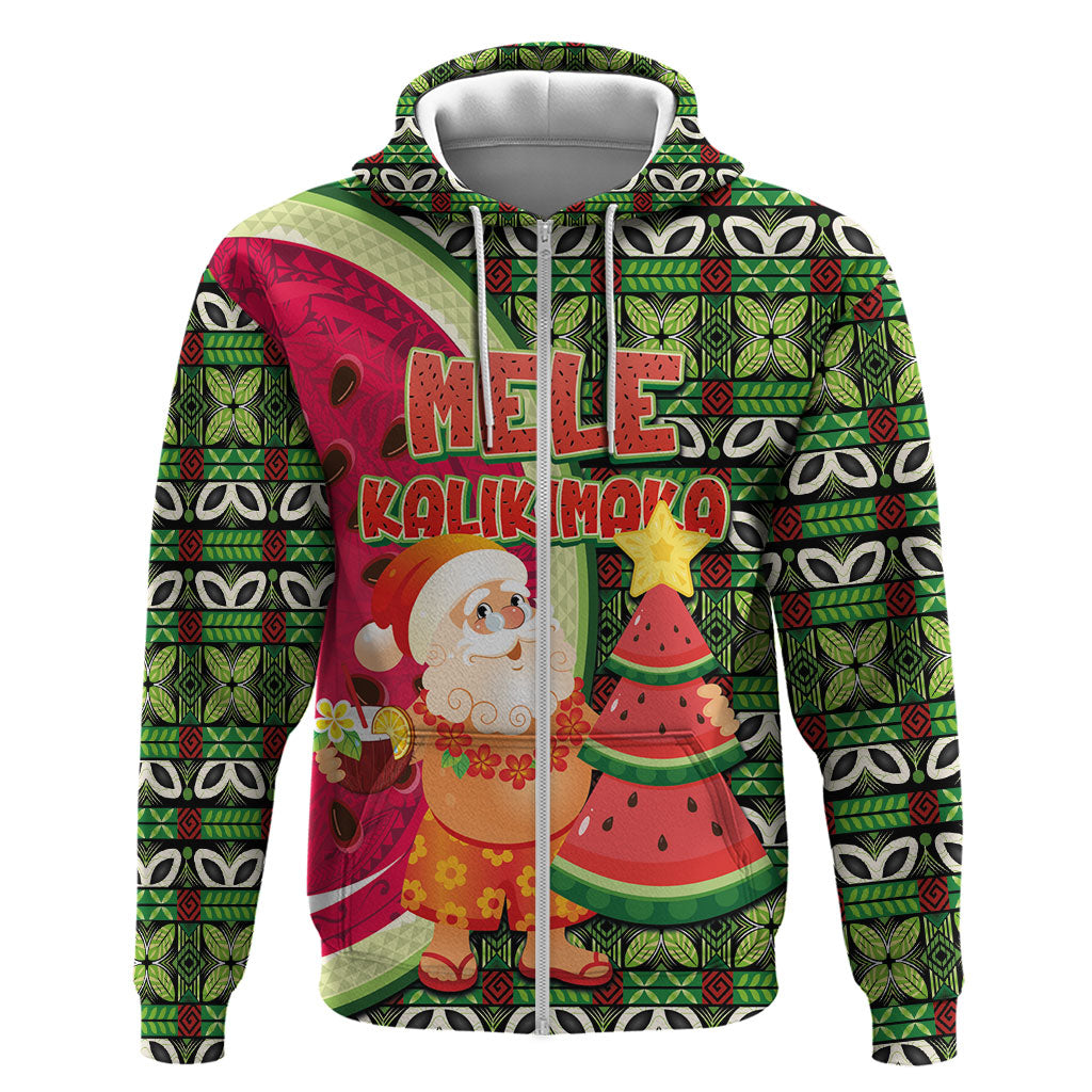 Hawaii Watermelon Mele Kalikimaka Zip Hoodie Tribal Pacific Pattern with Tropical Funny Santa Claus LT03 Zip Hoodie Multicolor - Polynesian Pride