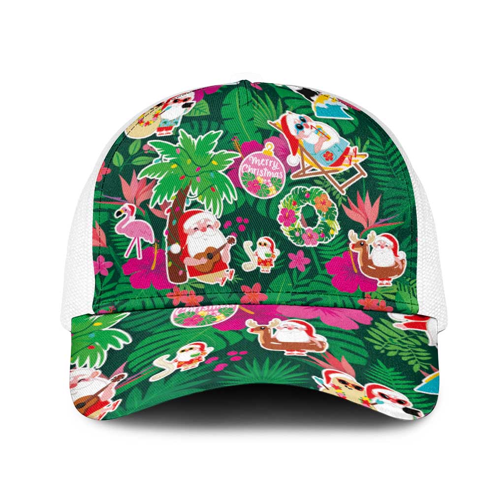 Hawaii Mele Kalikimaka Baseball Net Cap Tropical Plants with Santa Claus LT03 One Size White Multicolor - Polynesian Pride