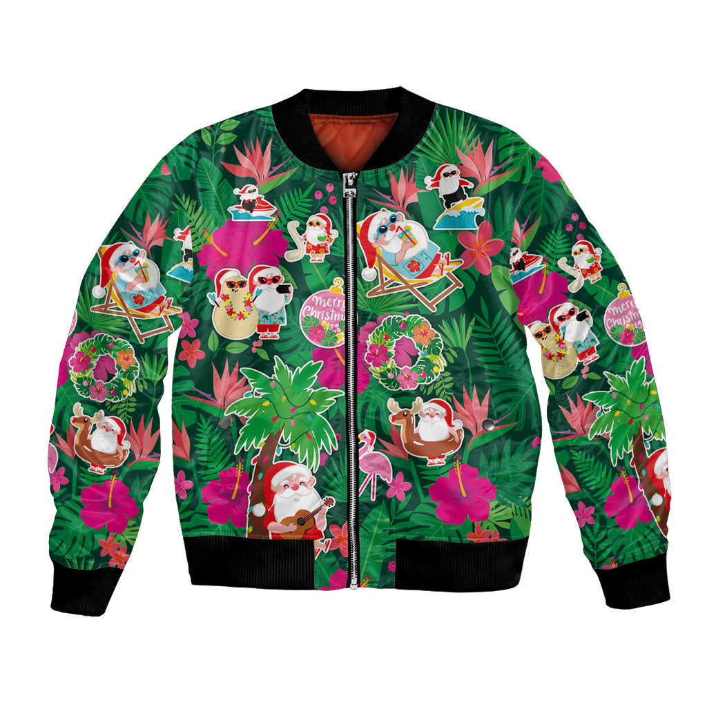 Hawaii Mele Kalikimaka Bomber Jacket Tropical Plants with Santa Claus LT03 Unisex Multicolor - Polynesian Pride