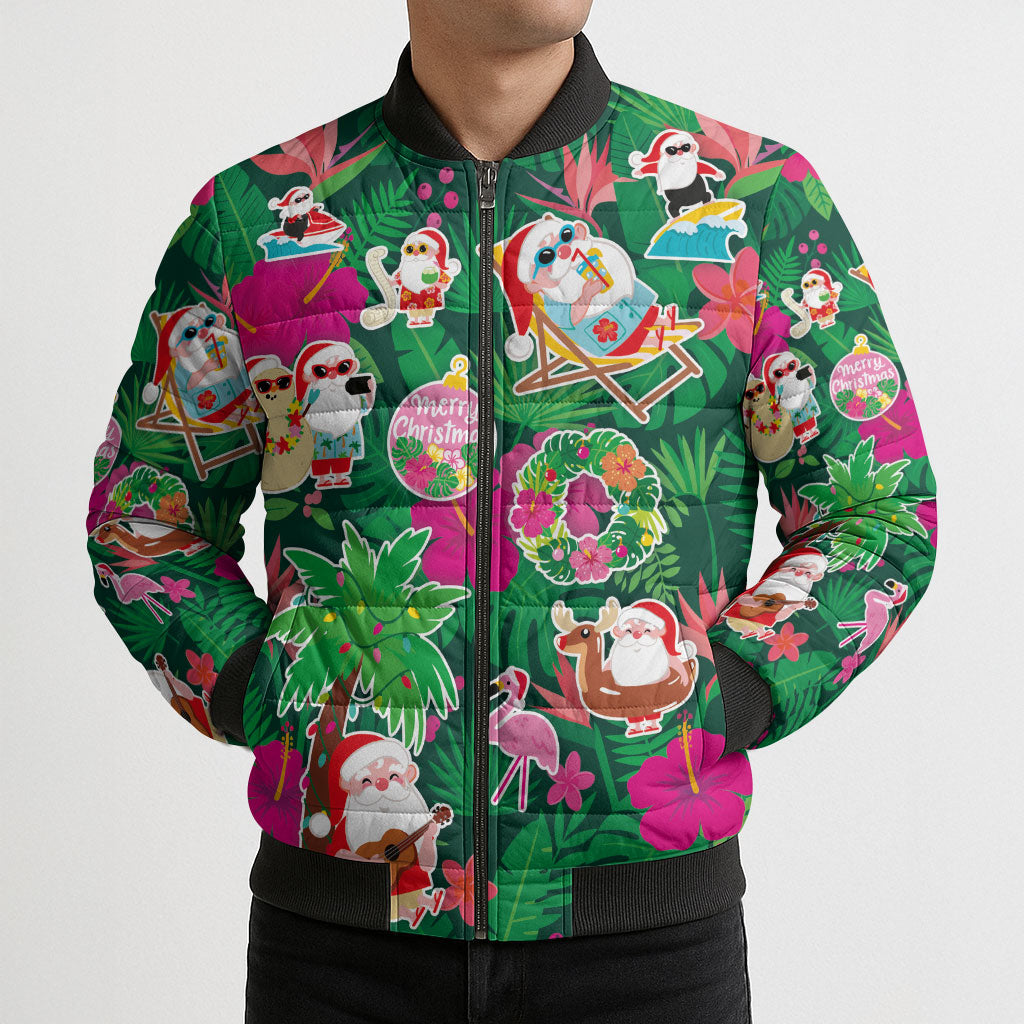 Hawaii Mele Kalikimaka Bomber Puffer Jacket Tropical Plants with Santa Claus LT03 - Polynesian Pride