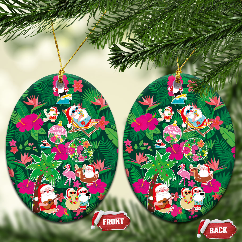 Hawaii Mele Kalikimaka Ceramic Ornament Tropical Plants with Santa Claus LT03 Oval Multicolor - Polynesian Pride