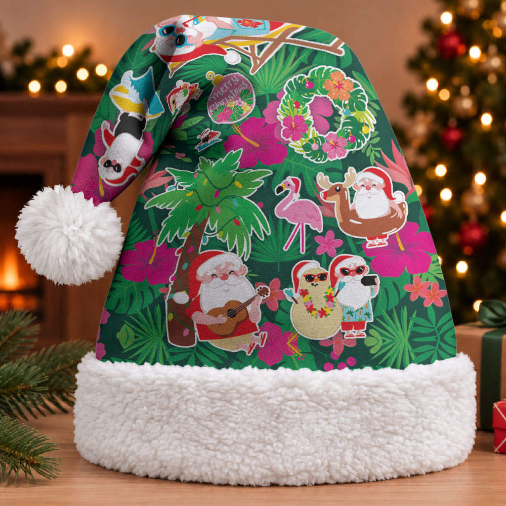 Hawaii Mele Kalikimaka Christmas Santa Hat Tropical Plants with Santa Claus LT03 With Fur Multicolor - Polynesian Pride