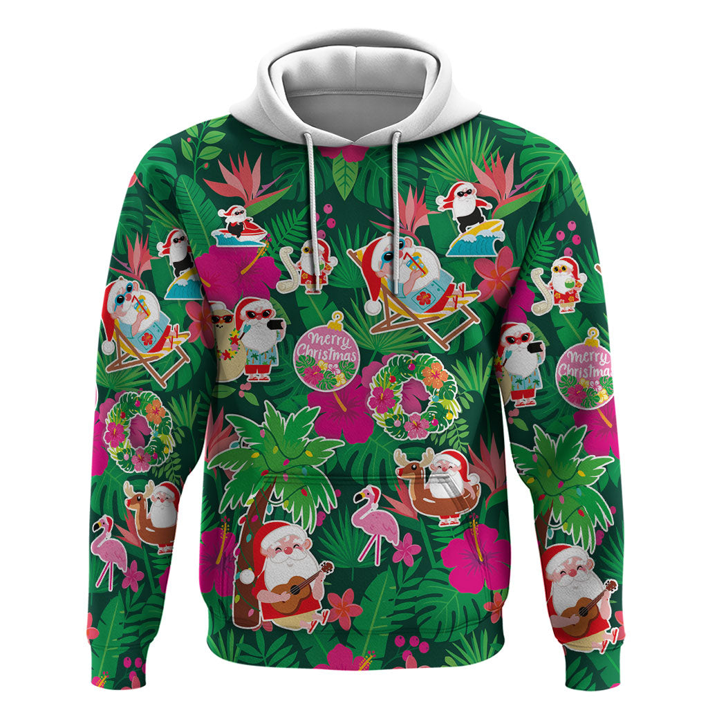 Hawaii Mele Kalikimaka Hoodie Tropical Plants with Santa Claus LT03 Pullover Hoodie Multicolor - Polynesian Pride