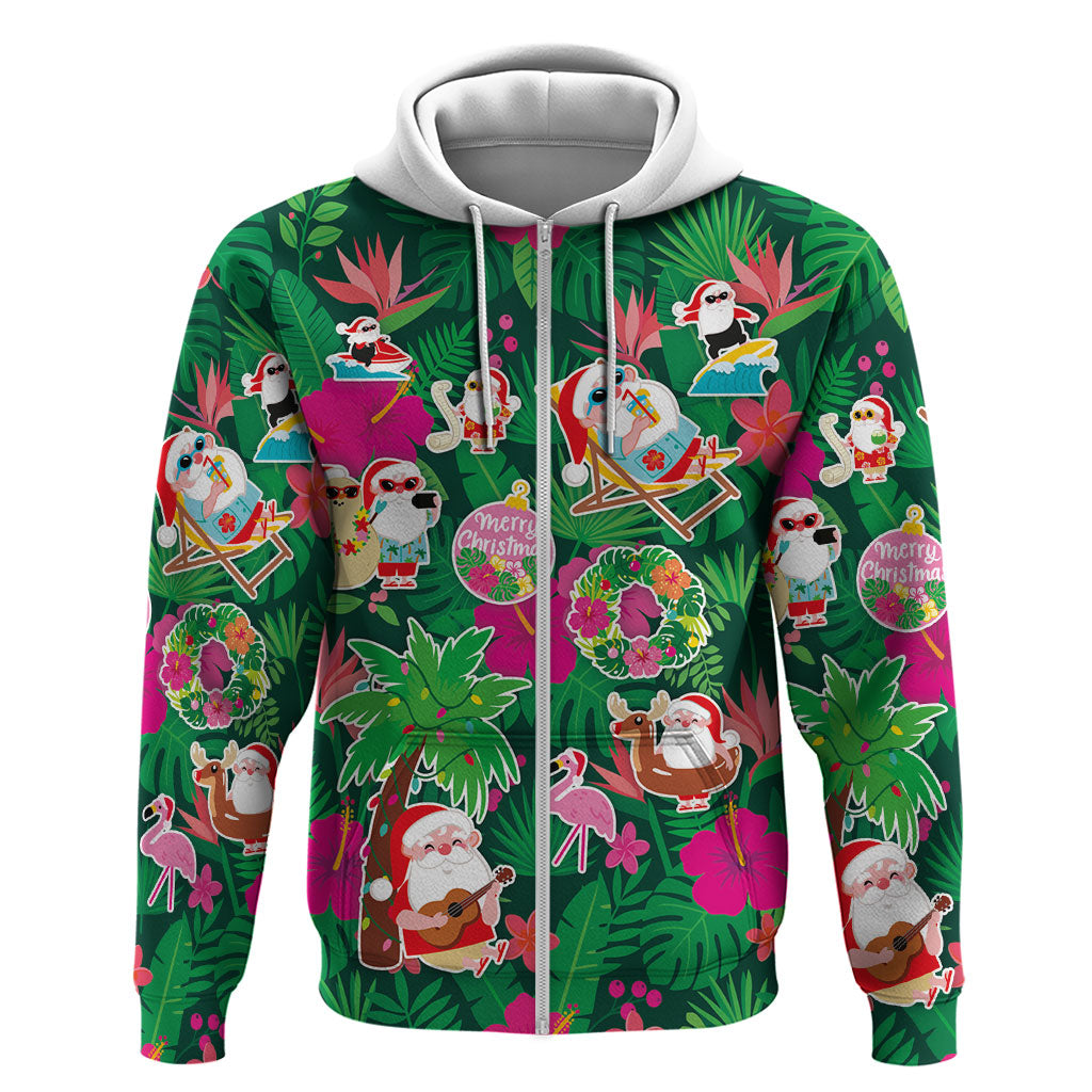 Hawaii Mele Kalikimaka Hoodie Tropical Plants with Santa Claus LT03 Zip Hoodie Multicolor - Polynesian Pride