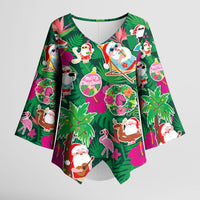 Hawaii Mele Kalikimaka Kimono Sleeve Blouse Tropical Plants with Santa Claus LT03 Female Multicolor - Polynesian Pride
