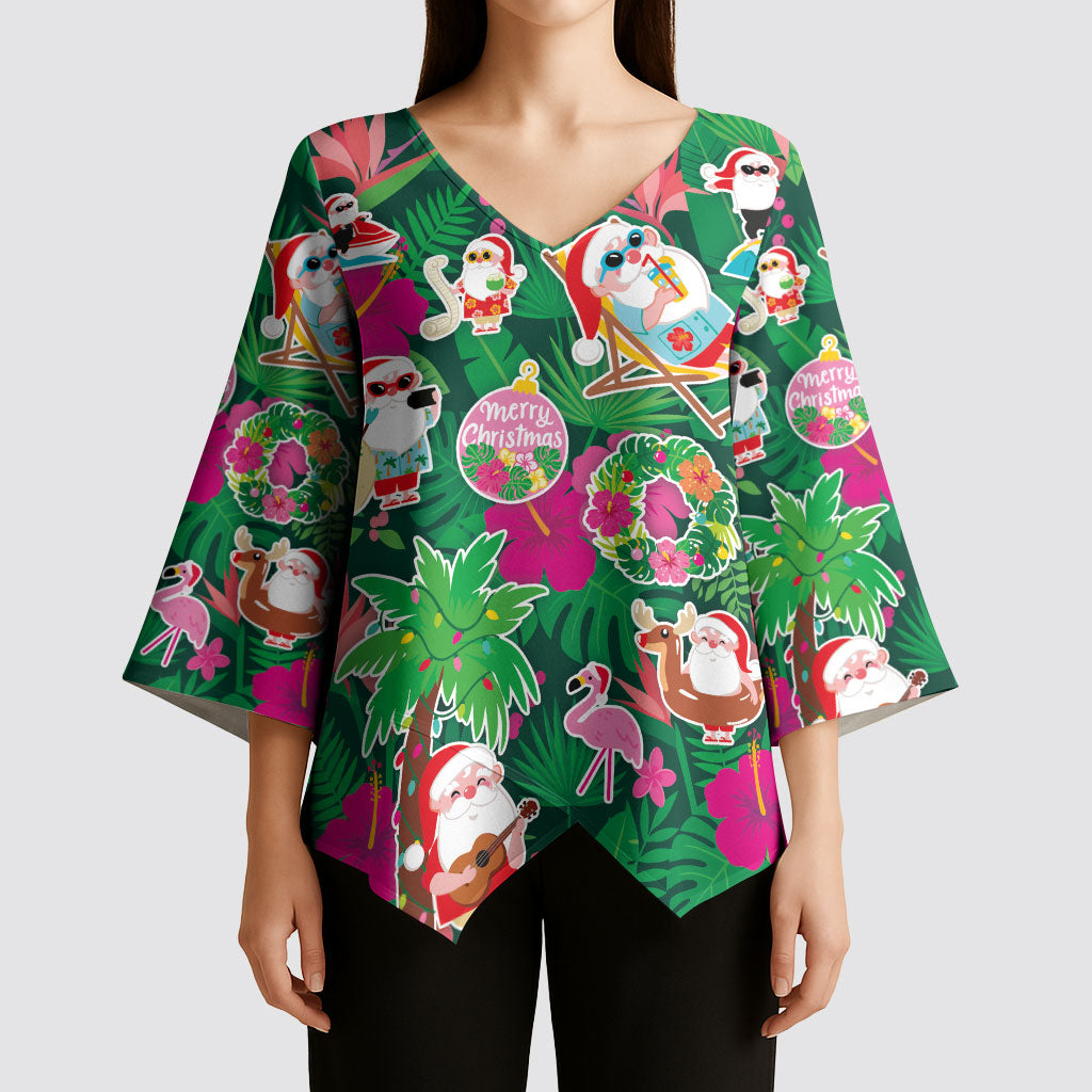 Hawaii Mele Kalikimaka Kimono Sleeve Blouse Tropical Plants with Santa Claus LT03 - Polynesian Pride