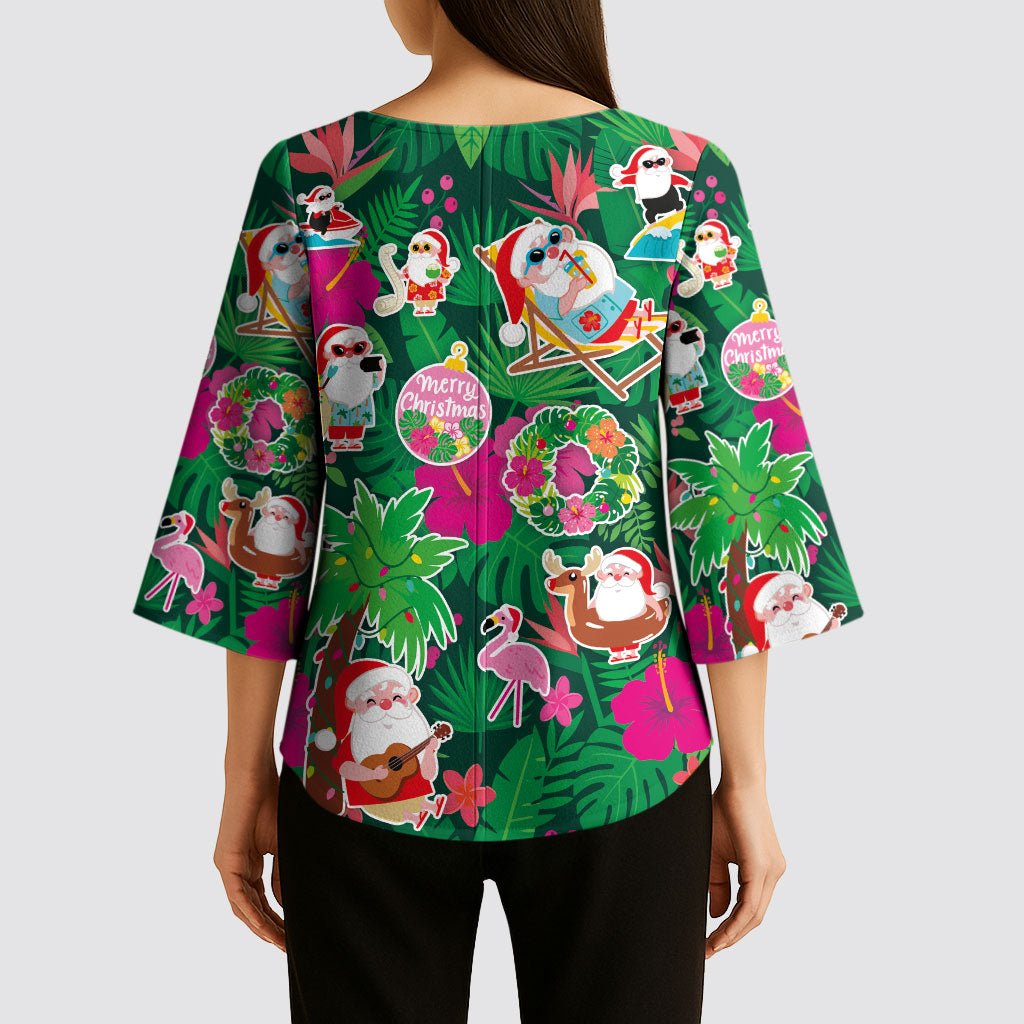 Hawaii Mele Kalikimaka Kimono Sleeve Blouse Tropical Plants with Santa Claus LT03 - Polynesian Pride