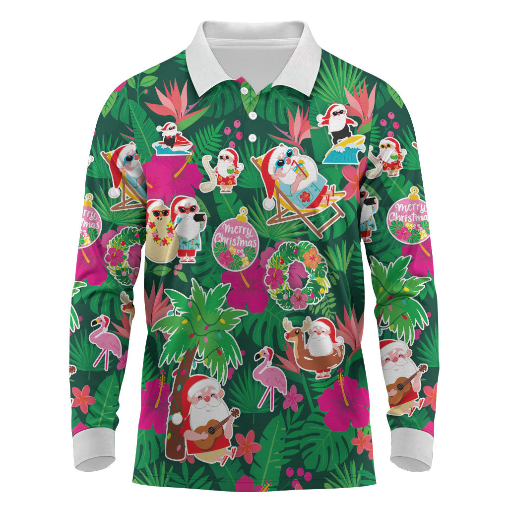 Hawaii Mele Kalikimaka Long Sleeve Polo Shirt Tropical Plants with Santa Claus LT03 Multicolor - Polynesian Pride