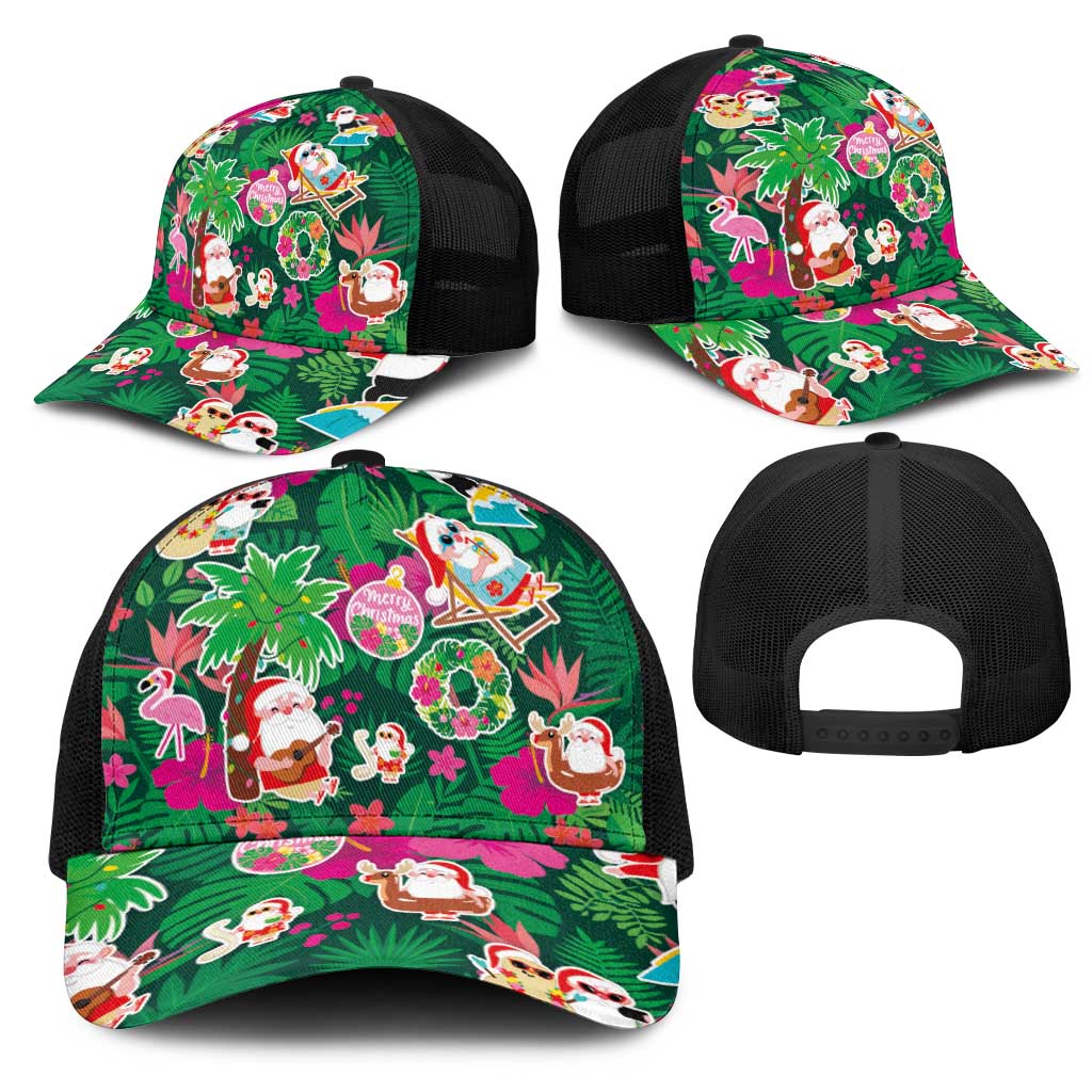 Hawaii Mele Kalikimaka Mesh Trucker Cap Tropical Plants with Santa Claus LT03 - Polynesian Pride