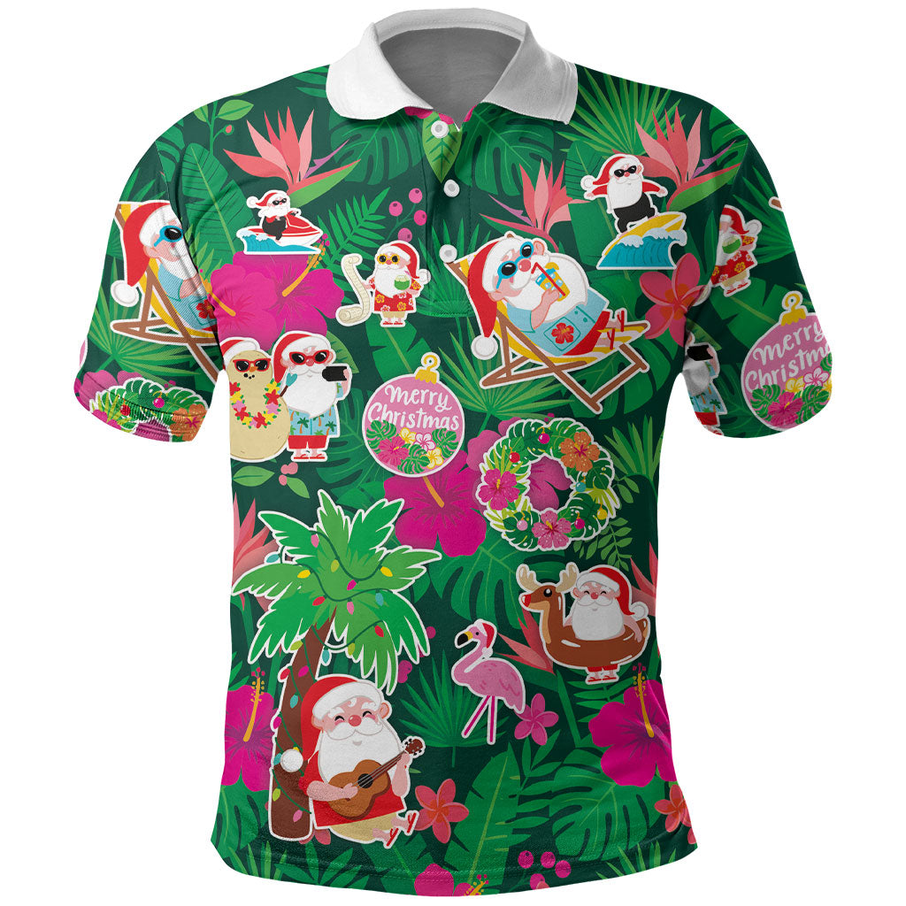 Hawaii Mele Kalikimaka Polo Shirt Tropical Plants with Santa Claus LT03 Multicolor - Polynesian Pride