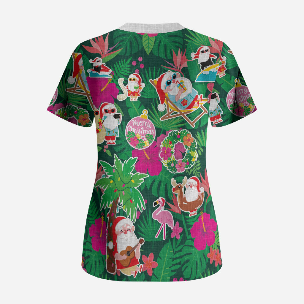 Hawaii Mele Kalikimaka Scrub Top Tropical Plants with Santa Claus LT03 - Polynesian Pride