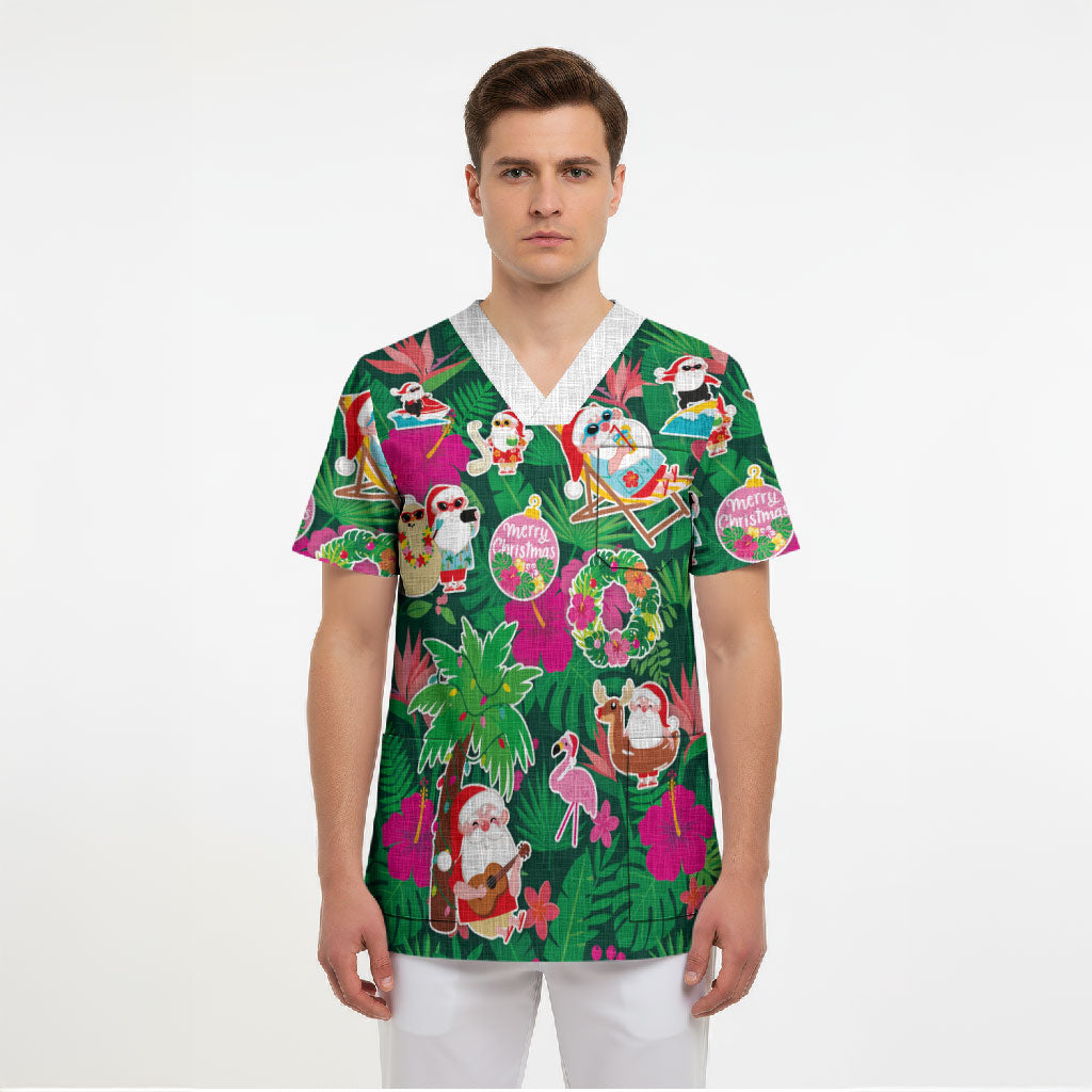 Hawaii Mele Kalikimaka Scrub Top Tropical Plants with Santa Claus LT03 - Polynesian Pride