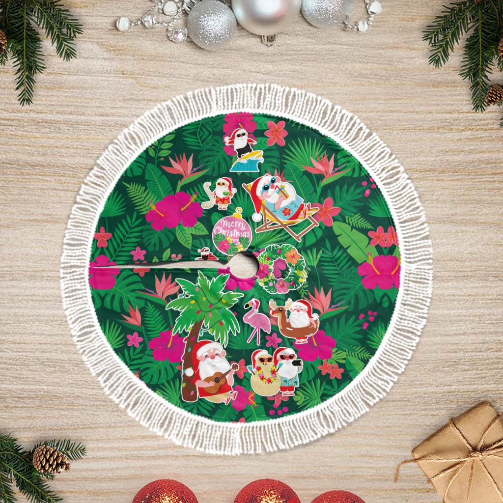 Hawaii Mele Kalikimaka Tree Skirt Tropical Plants with Santa Claus LT03 Fringed Multicolor - Polynesian Pride