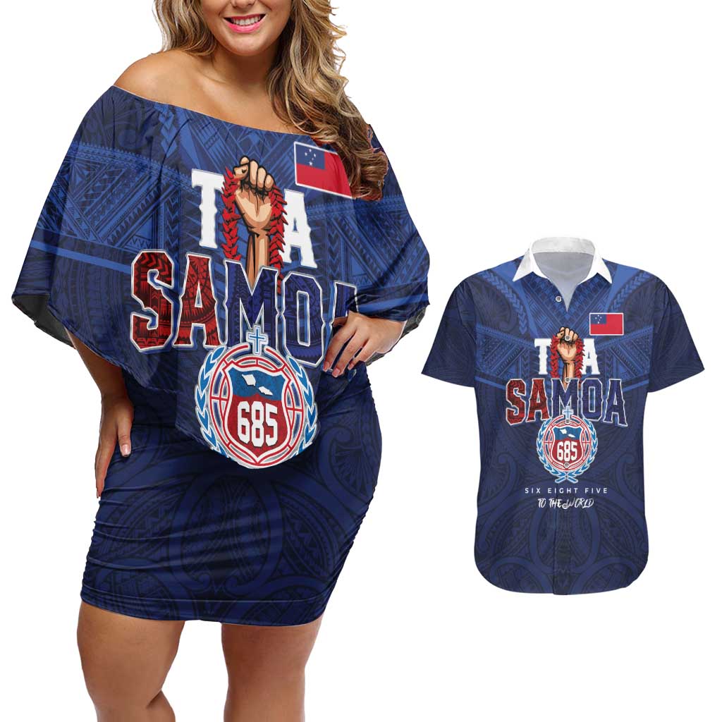 Custom Rugby Toa Samoa Couples Matching Off Shoulder Short Dress and Hawaiian Shirt Champions Six Eight Five - Polynesian Pride